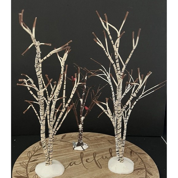 Dept 56 Winter Birch Wood Trees 13in  & 9in Frosted Bare Branch Tree Lot of 3 - Picture 1 of 5